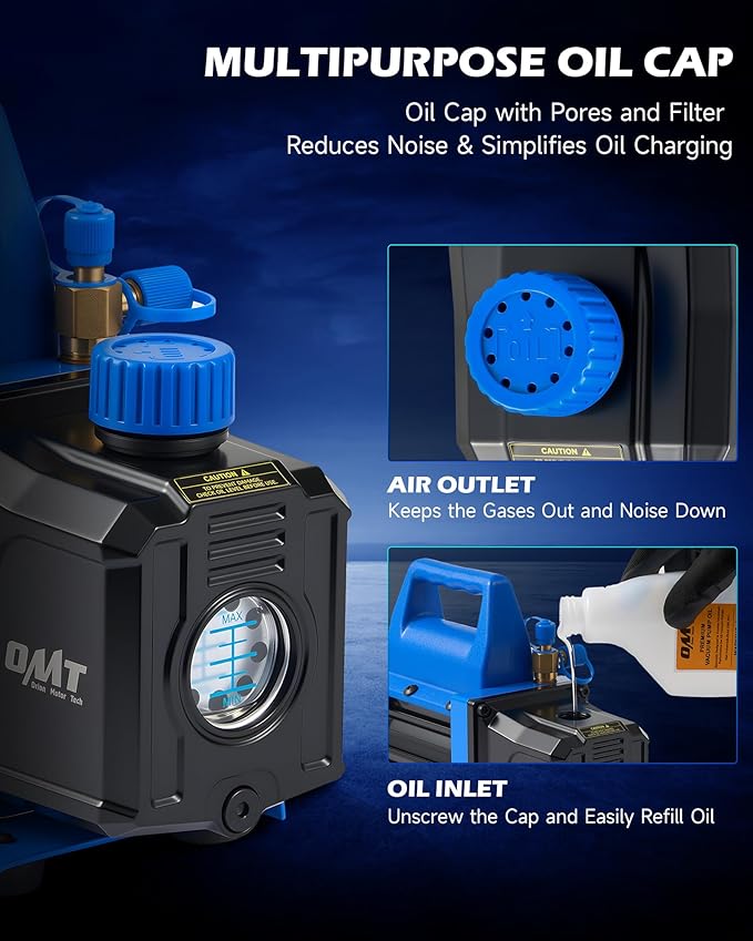 Orion Motor Tech Vacuum Pump, 4.5 cfm 1/3 hp HVAC Single Stage Vacuum Pump for R12 R22 R134a R410a R502, Auto AC Vacuum Pump Kit for Automotive Air Conditioner Resin Degassing & More, Oil Included
