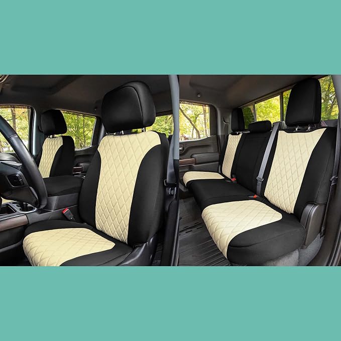 FH Group Custom Fit Car Seat Covers Specifically Made for 2019-2023 GMC Sierra 1500 2500HD 3500HD SLT AT4 Denali - Ultraflex Neoprene Water Resistant Automotive Seat Covers - Full Set Beige