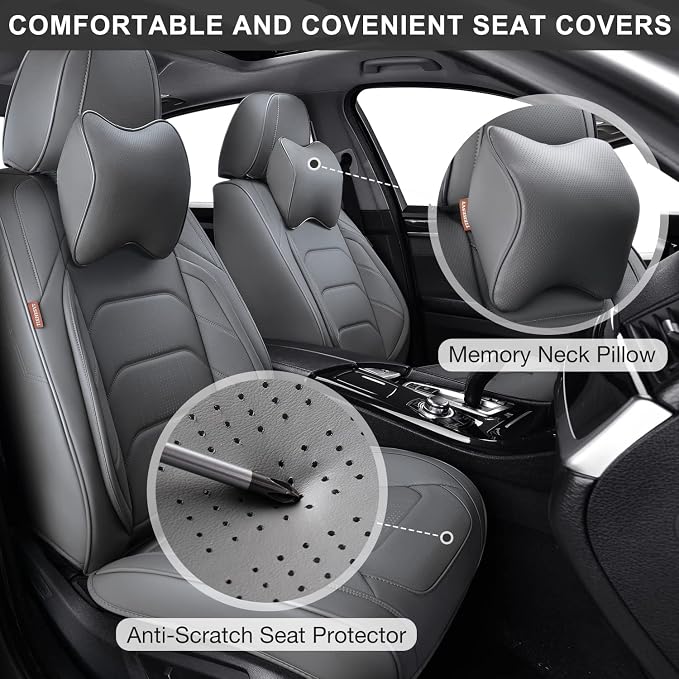 TIEHESYT Grey Car Seat Covers Front Pair, Breathable Leather Automotive Front Seat Covers & Headrest for Reduce The Driving Fatigue, Compatible with Most Cars Sedans SUV Pickup Trucks