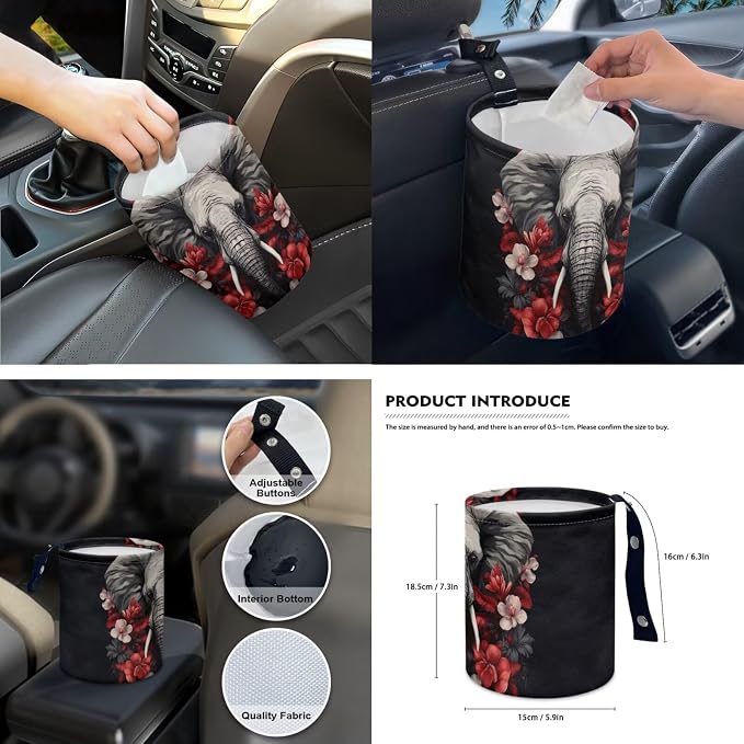 15 Pcs Rose Elephant Car Seat Covers Full Set for Women Goth Car Accessories Interior Car Steering Wheel Cover Seatbelt Covers Trash Bin Rear View Mirror Cover Cup Holders Keychain
