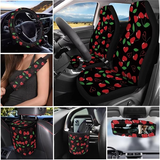 Dreaweet Cute Car Seat Covers Full Set for Women Cherry Car Accessories Interior 15 Pcs,Car Steering Wheel Covers Seatbelt Covers Coaster Trash Can Air Vent Holder Rear View Mirror Cover Keychain