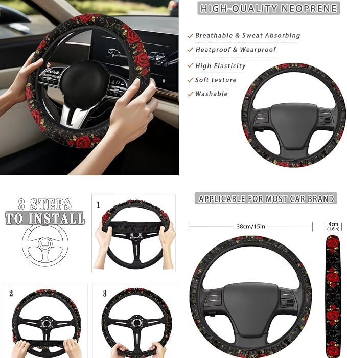 8 Pcs Red Rose Car Seat Covers Full Set Car Accessories for Women Front Seat Cover Steering Wheel Armrest Cover Seat Belt Cover for Auto SUV Interior Decoration