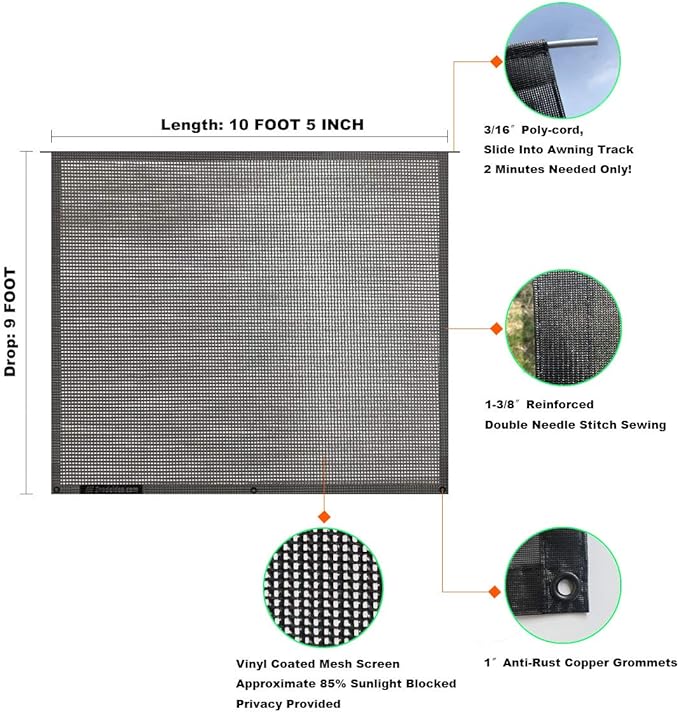 Shadeidea RV Sun Shade Screen for RV Awning - 9' X 10' 5'' (fit for 11' Awning) Black Mesh Sunshade Motorhome Camping Trailer Screen Shade UV Sunblocker Canopy Sunscreen - 3 Year Warranty
