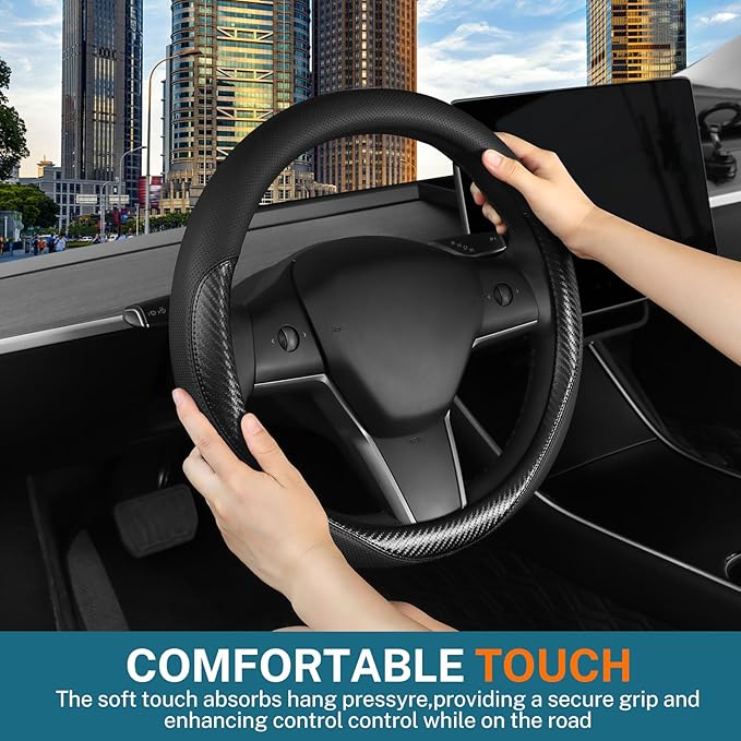 Leather Steering Wheel Cover Custom-Fit for Tesla Model 3/Y 2016-2026, Comfort Grip Design Breathable and Non-Slip, Model 3/Y Car Steering Wheel Protector, Tesla Accessories,Black(B-Style, for Tesla)