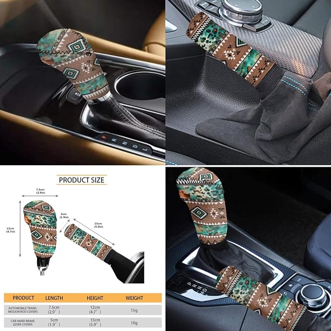 Wanyint Car Seat Cover Full Set 11 PCS, with Steering Wheel Headrest Handbrake Gear Shift Cover Cup Holders Universal Fit Most Vehicles, Aztec Leopard Print Brown Teal