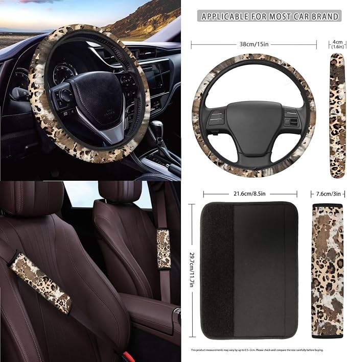 Brown Cow Leopard Pattern Car Seat Covers Full Set Steering Wheel Cover Trash Can Air Vent Storage Bag Seatbelt Covers Rearview Mirror Cover Cup Coasters 15pcs Car Interior
