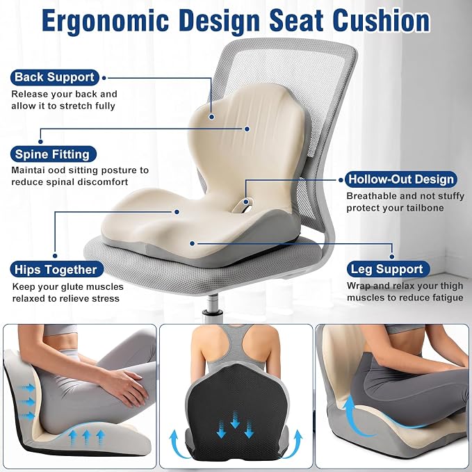 Car Seat Cushion with Lumbar Support Pillow, Memory Foam Office Chair Cushion for Back Pain Sciatica Pain Relief, Ergonomic L-Shaped Seat Cushion for Car Truck Driving Office Chair Home (White Gray)