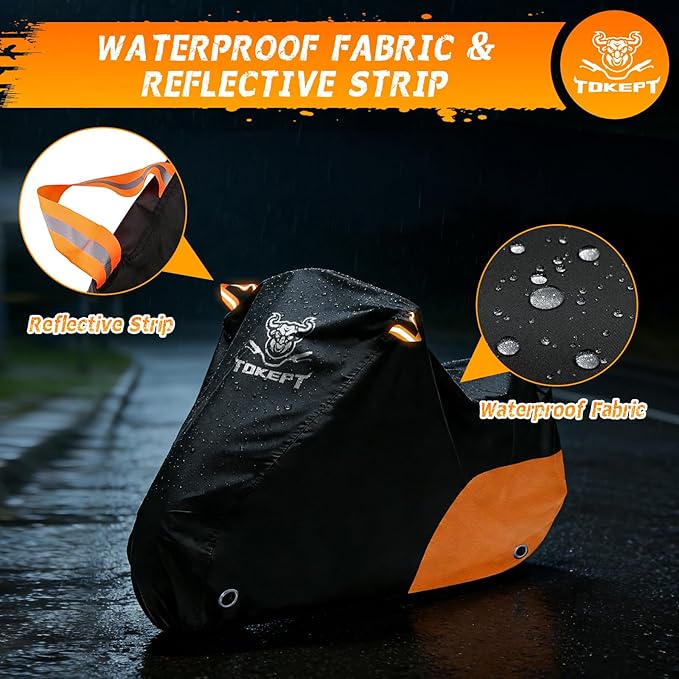 Motorcycle Cover Waterproof All Season Outdoor Protection, Fits up to 96 Inch, Compatible with Sport Bikes & Cruisers with Locking Holes & Reflective Strips (Black&Orange)