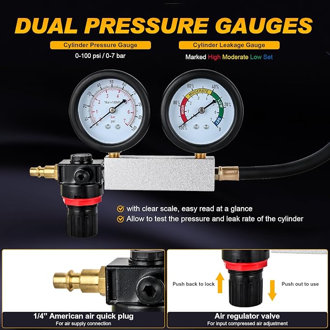 Nilight Cylinder Leak Down Tester, Gasoline Engine Compression Dual Gauge Leakdown Detector Automotive Tool Set with 10 12 14mm Spark Plugs