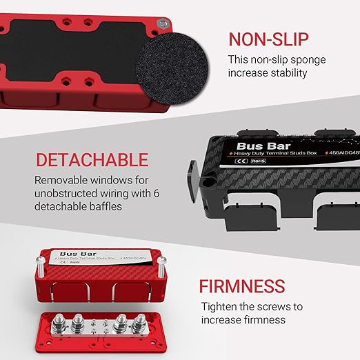 450A 48V DC Heavy Duty Bus Bar Kit, 2-Pack Positive & Negative Power Distribution Block with 5/16" (M8) Studs for Car RV Solar Panel Wiring Systems(Red 450A CXC01)