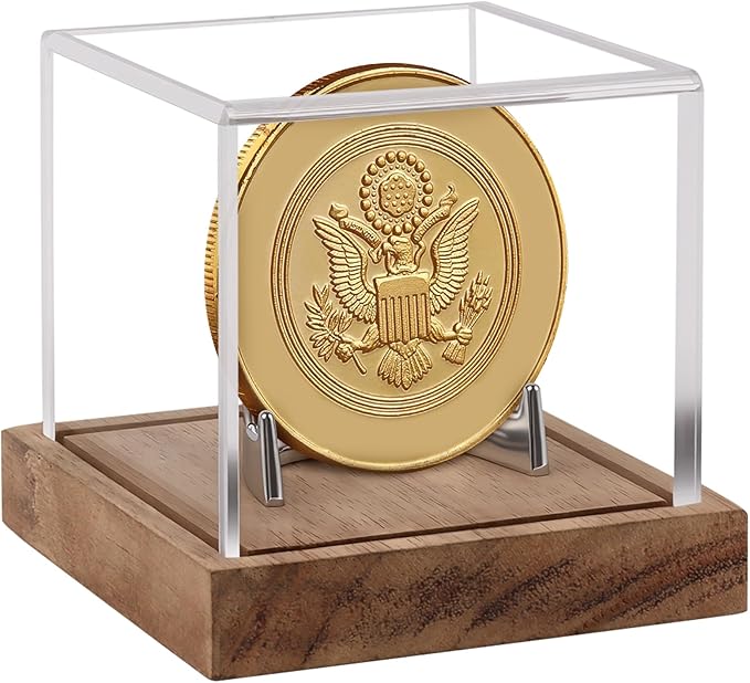 Clear Acrylic Coin Display Case with Wood Base & Alloy Holder, Memorabilia Stand Cube Holder, Dust Protection Transparent Storage Box for Single Challenge Coin Souvenir Coin Collections
