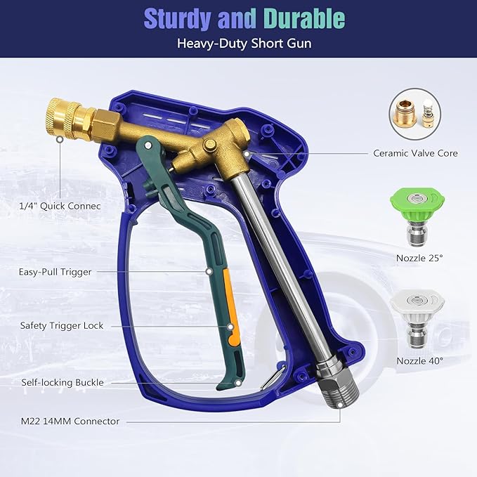 YeewayVeh Pressure Washer Gun and Foam Cannon Kit, 5000PSI Short Power Washer Gun with M22-14 Connector, 1/4 Inch Quick Foam Cannon Soap Sprayer with 2 Nozzles for Car Wash, Blue