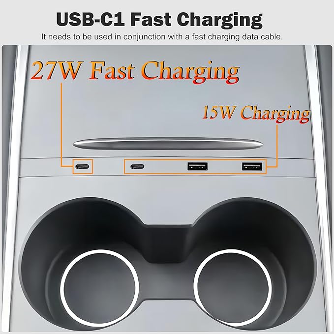 Car USB Hub Charger for Tesla Center Console with Fast Charging Retractable Cables Phone Charger Docking Station Accessories(Model 3 2021-2023 & Model Y 2021-2024)
