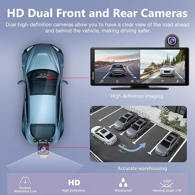 Carpuride Wireless Carplay & Android Auto with Dash Cam - 10.26 Inch HD IPS Touch Car Play Screen for Car, 4K Front & 1080P Rear Camera, Loop Recording, Bluetooth Audio, Mirror Link, GPS