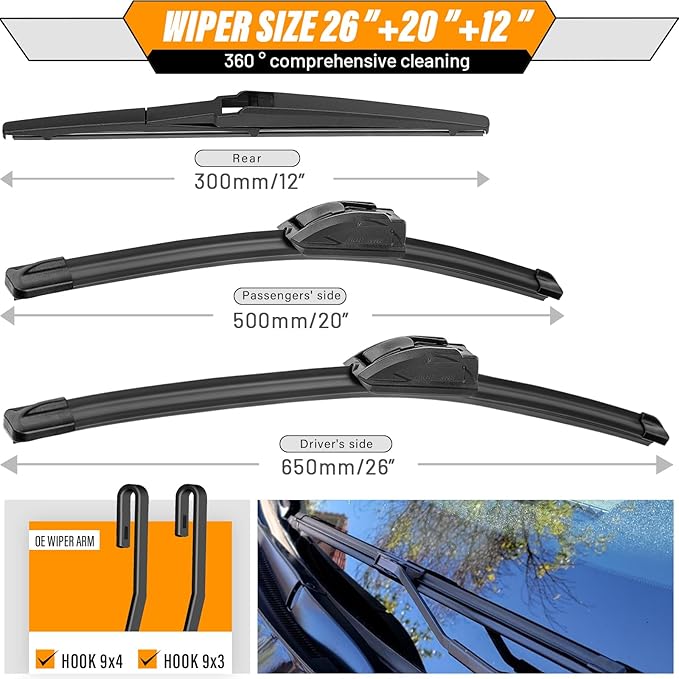 AUTOBOO 26"+20" Windshield Wipers with 12" Rear Wiper Blade Replacement for Toyota Highlander 2019 2018 2017 2016 2015 2014 2013 2012-2008 Lexus GX460 2021-2011-Original Factory Quality (Pack of 3)