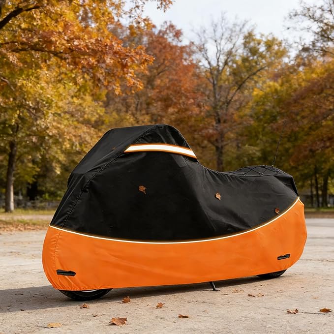 Heavy Duty Motorcycle Cover Waterproof Outdoor Storage - Road King Glide Street Glide Heritage Classic for Low Riders and Most Motorcycles(Black&Orange)