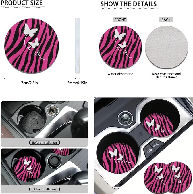 POLERO Butterfly on Zebra Car Seat Covers for Women Pink Car Accessories 11pcs Cute Steering Wheel Cover Set with Seatbelt Protector Pads