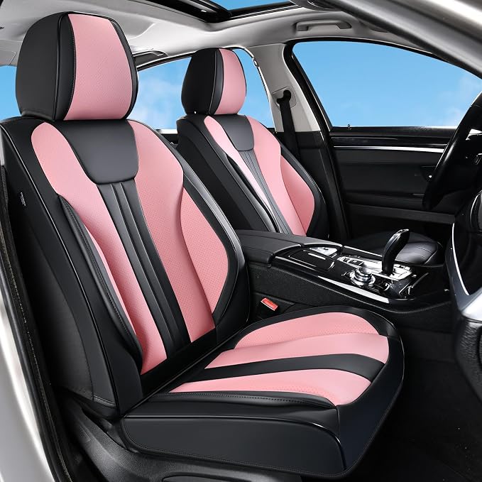 Huidasource Full Set Car Seat Covers, Premium Waterproof Faux Leather, Universal Fit for Most Cars, SUVs & Trucks, Airbag Safe, Quick to Install, Black & Pink