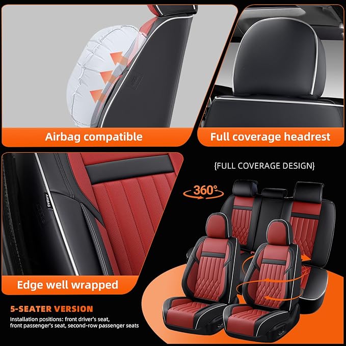 5-Seater Waterproof and Breathable Nappa Leather Car Seat Covers Full Set, Fit for Front and Rear Seats of Cars, Compatible with Airbags, Car Seat Protector Covers for Most Cars - Black Red