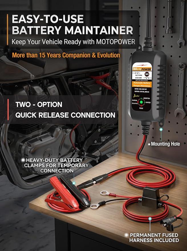 MOTOPOWER MP00205A 12V 800mA Automatic Battery Charger, Maintainer, Trickle and Desulfator