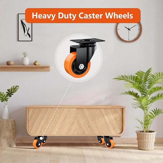 2" Swivel Plate Casters Set of 8 Heavy Duty 400 lbs | Orange PU, Non-Marking, Quiet. 400 Lbs/4 Casters. No Brake - Continuous Rolling. Black Rustproof Bracket. Workshop, Garage