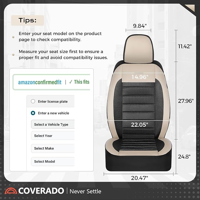 Coverado Car Seat Covers Full Set, Luxury Leather Car Seat Covers, Automotive Front and Rear Mesh Seat Covers, Full Set 5 Seats, Black Beige Seat Covers for SUV Sedan Truck