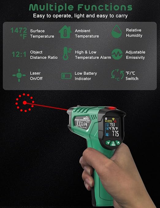 Infrared Thermometer Gun,SQECH Laser Thermometer Gun -58℉～1472℉(-50℃～800℃),Temperature Gun with Ambient Temperature&Humidity/Adjustable Emissivity/Color Backlight for Cooking, Oven,Engine,HVAC
