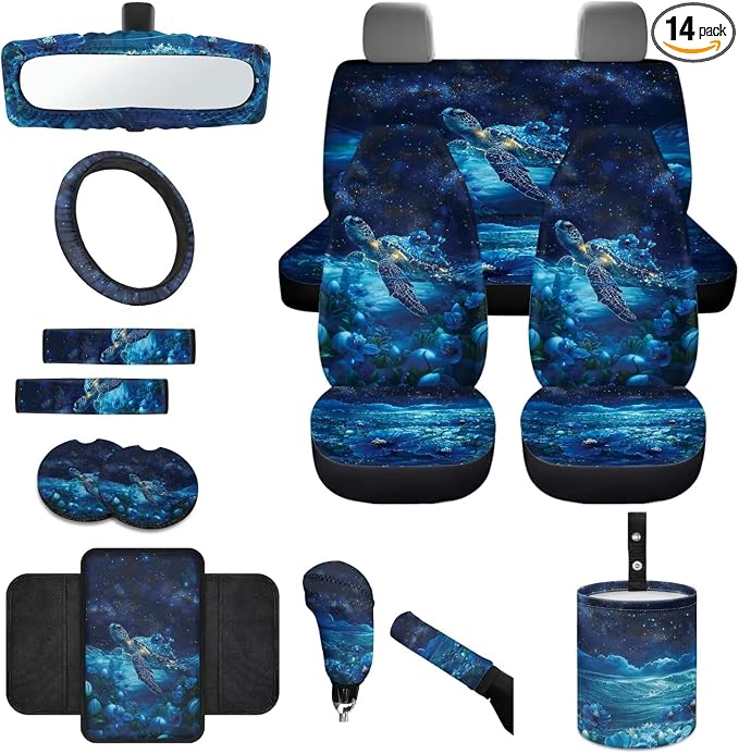 Sea Turtle Print Car Seat Cover Sets Full Set Flower Print High Back Seat Covers with Steering Wheel Cover Armrest Cushion Safety Belt Pads Trash Can for Truck Sedan SUV, Blue
