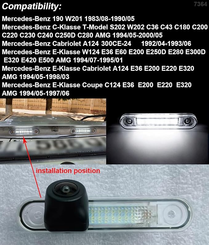 Super Pro HD Car Rear View Backup License Plate Light Camera Night Vision, Replacement for Mercedes-Benz 124 Coupe C124 Stufenheck W124 190 W201 C-Klasse T-Model S202 W202 Cabriolet A124