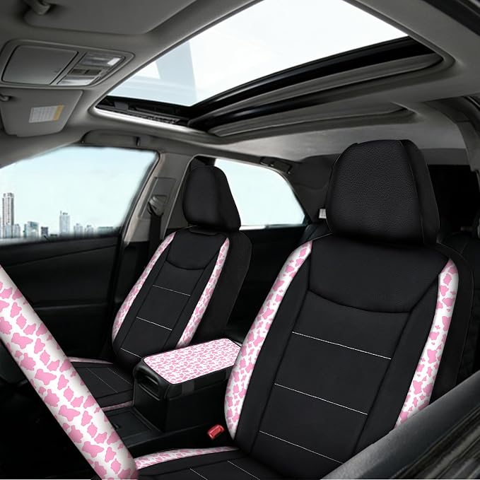 23 Pcs Leather Car Seat Cover Full Set for Women,Universal Car Seat Cover,Print Printing Car Steering Wheel Cover Center Console Armrest,Sunglass Holder Accessories Full SUV(Pink Cow)