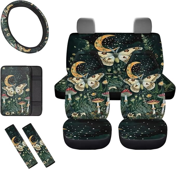 8 Pcs Moon Mushroom Moth Car Seat Covers Full Set Car Accessories for Women Front Seat Cover Steering Wheel Armrest Cover Seat Belt Cover for Auto SUV Interior Decoration