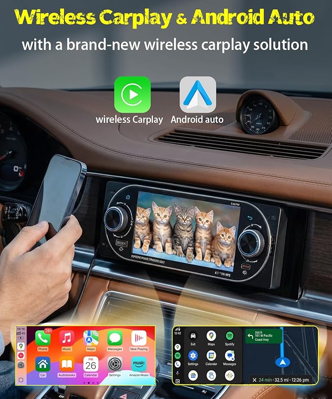 5.1" Single Din Car Stereo Wireless Apple CarPlay Android Auto, IPS Touchscreen Car Radio Bluetooth 5.2, FM/AM/RDS, USB Type-C Fast Charging, 4×45W Car Audio, Backup Camera, Fits Most Single DIN Cars