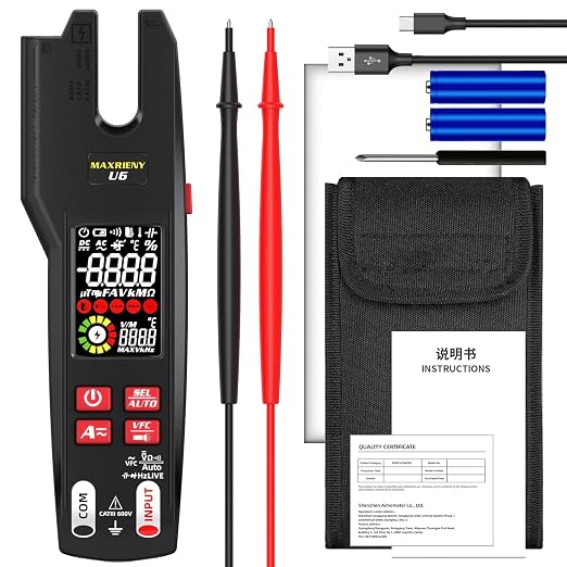 Open Jaw Clamp Meter 600A DC AC Current Smart Digital Electrical Multimeter Tester, Infrared Thermometer with Rechargeable Battery, Measures VFC Capacitance Diode Amp Continuity Voltage Ohm