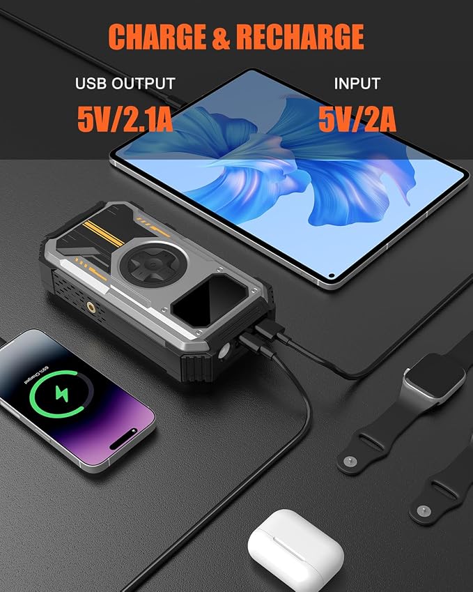 PD-270 6000A Jump Starter with Air Compressor, 150 PSI Portable 12V Car Battery Booster (Up to 7.5L Gas/6.5L Diesel), LCD Display, LED Light & Power Bank