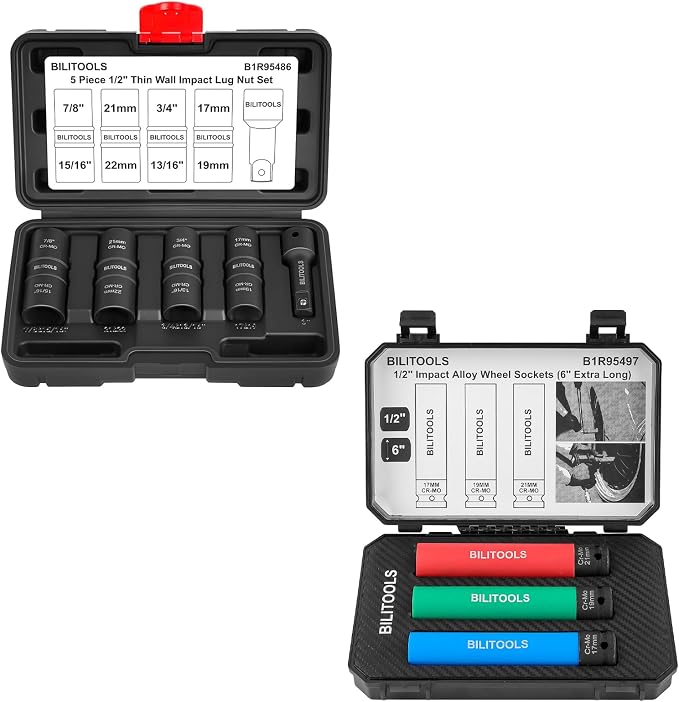 BILITOOLS 1/2 inch Drive Impact Flip Socket Set &Extra Long 6" Lug Nut Socket Set