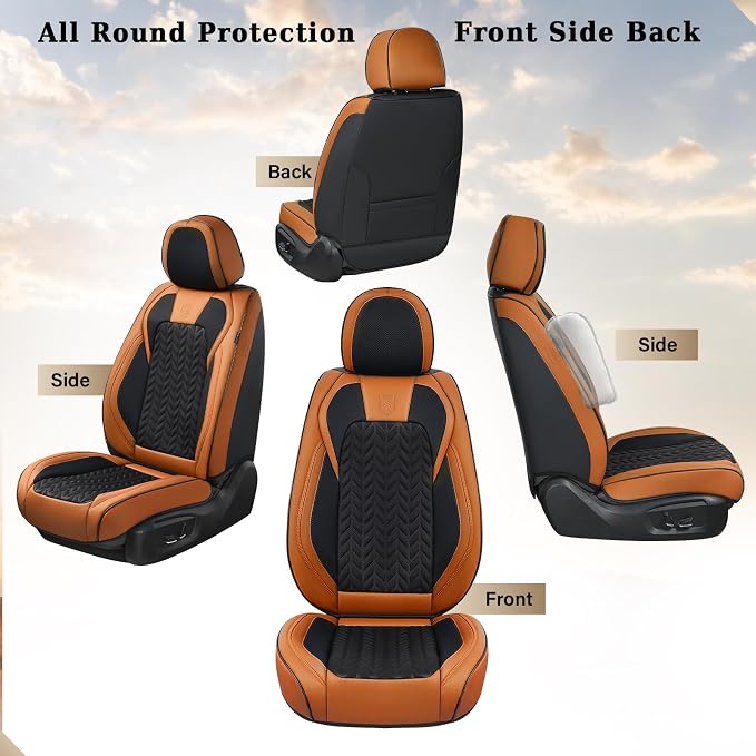 Coverado Seat Covers Full Set, 5 Seats Car Seat Cover, Front and Back Seat Covers for Cars, Breathable Faux Leather Car Seat Cushion, Car Seat Protector Universal Fit for Most Cars Vans, Brown