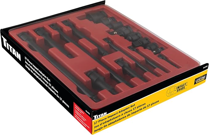 Titan 81483 17-Piece Impact Adapter Set Includes Universal Joints, 1/4-Inch, 3/8-Inch, 1/2-Inch Wobble Extensions, Increasing and Reducing Adapters