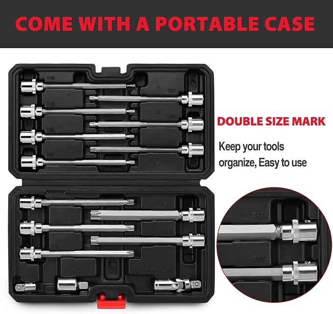 15-Piece 3/8" Drive Extra Long Torx Bit Socket Set & 6-Piece Extra Long Flex-Head Ratcheting Wrench Set
