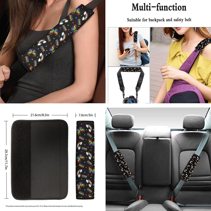 AFPANQZ Car Seat Covers Full Set of 11 Interior Accessories Protector Hand Brake Gear Shift Knob Cover, Rainbow Love Butterfly Seat Belt Pads, Steering Wheel Cover Fit Car Truck SUV