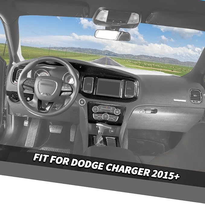Jimen Fit for Dodge Charger 2015-2023, 12PCS Interior Trim Kits - Center Console Dash Panel, Air Conditioning Control Panel, Gear Shift Cover, Headlight Switch Frame (Carbon Fiber)