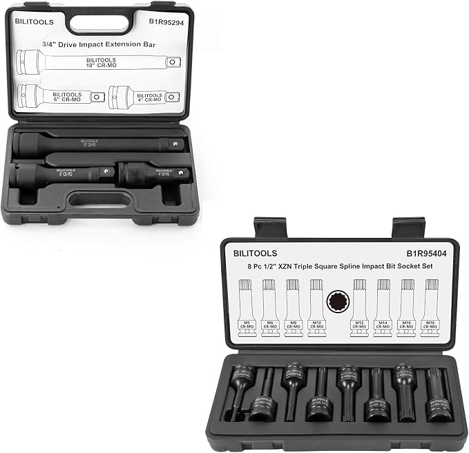 BILITOOLS 3/4 inch Drive Extension Set & 8-Piece Impact XZN Triple Square Spline Bit Socket Set 1/2 inch Drive, M5-M18, Cr-Mo Steel
