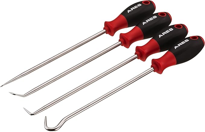 ARES 70246-4-Piece Hook and Pick Set - Includes a Large Straight Pick, 90 Degree Pick, Combination Pick and a Hook Pick - Chrome Vanadium Steel Shafts - Easily Remove Hoses, Gaskets and More
