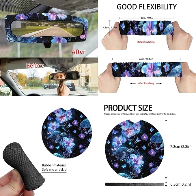 15 Pcs Plumeria Sea Turtle Car Seat Covers Full Set for Women Cute Car Accessories Interior Car Steering Wheel Cover Seatbelt Covers Trash Bin Rear View Mirror Cover Cup Holders Keychain