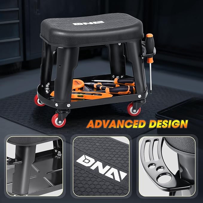 DNA Motoring TOOLS-00252 Removable Rolling Garage Stool with Seat Cushion & Tool Tray Plate,300lbs Max Weight Capacity