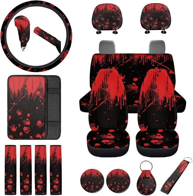 Bloody Hand Print Full Seat Covers for Cars, Universal Decorative Headrest Covers Steering Wheel Cover Safety Belt Pad Armrest Cushion Gear Lever Cover Handbrake Protector, etc