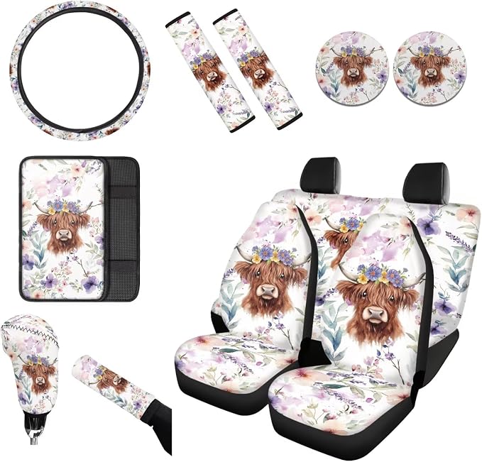 Wanyint Car Seat Cover Full Set 12 PCS, with Steering Wheel Seat Belt Cover Armrest Pad Coasters Handbrake Gear Shift Knob Set Auto Accessories Decor, Highland Cow Floral Violet