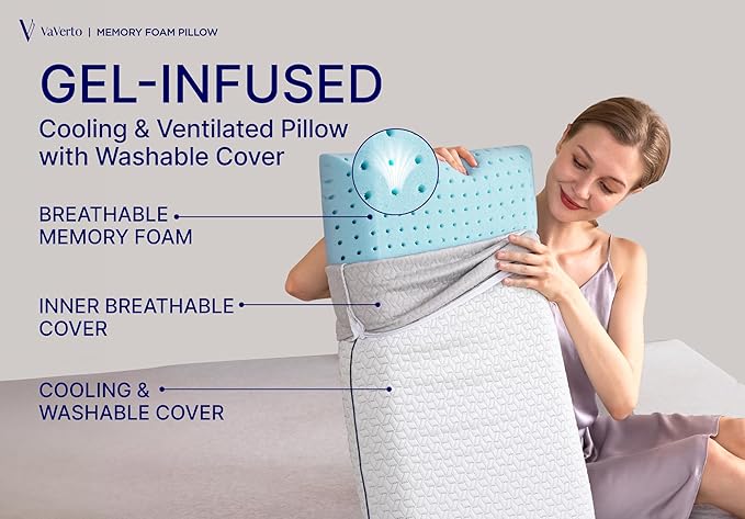 Vaverto Queen Memory Foam Pillow 2-Pack – Cooling Gel-Infused Orthopedic Bed Pillows for Neck and Shoulder Pain Relief, Firm Support Design with Removable Viscose Made from Bamboo Covers – Set of 2