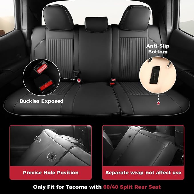 FREESOO Custom Fit for Toyota Tacoma Seat Covers, Front & Rear Fit 2005-2015 Full Coverage Waterproof Leather Truck Automotive Seat Covers, Tacoma Seat Covers Pickup Seat Protector (5 Seats, Black)