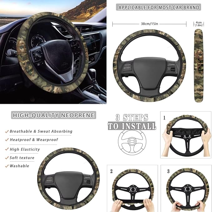 Howilath Camo Deer Print Car Seat Cushion Cover with Steering Wheel Protector/Seat Belt Cushion/Keychains/Cup Coasters Universal Fit Interior Accessories Fit Most Vehicle - 13 Piece