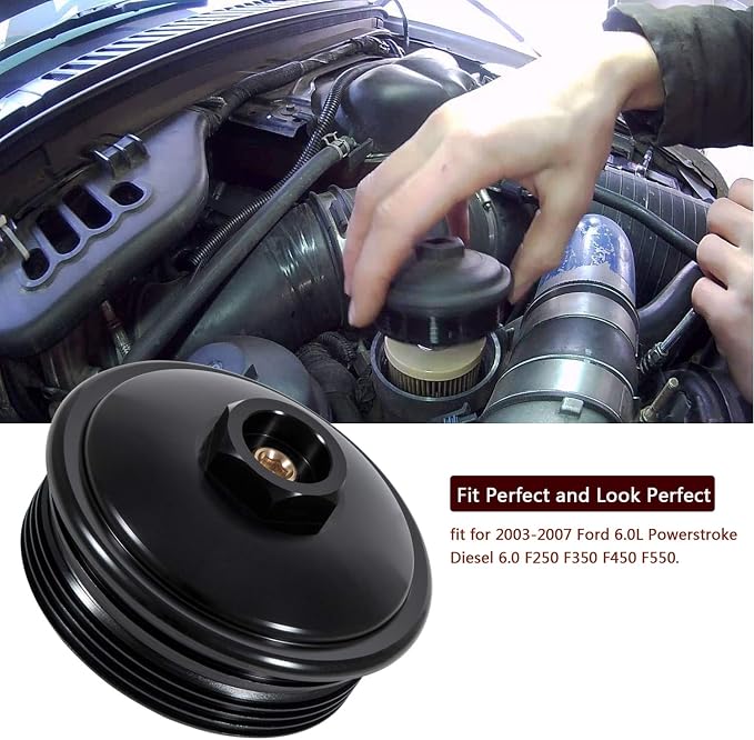 E-cowlboy Fuel Pressure Test Kit with Billet Aluminum Fuel Filter Cap and Pressure Test Port fit for Ford 2003-2007 6.0L fit for Powerstroke Diesel F-Series（F250 F350 F450 F550） E-Series
